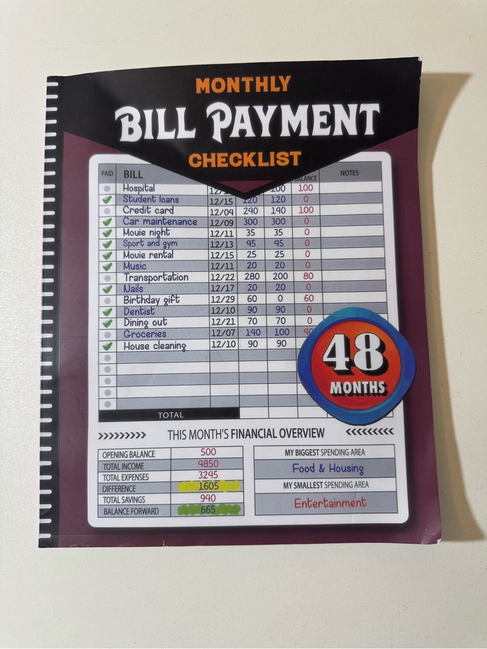 Monthly Bill Payment Checklist Notebook- 48 Months